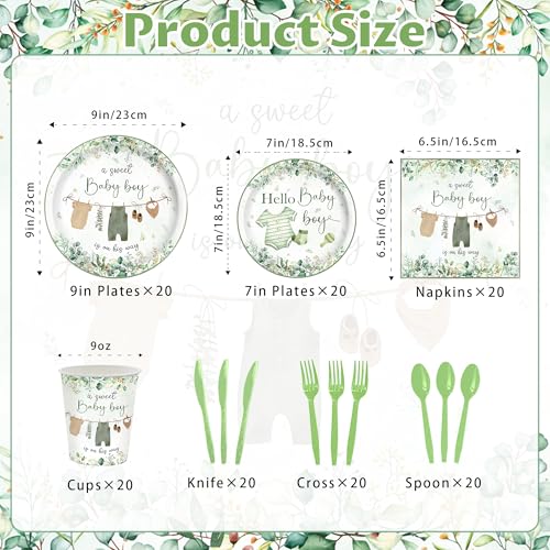 140PCS Greenery Baby Boy Shower Decorations Tableware Set, Boho Greency Party Decorations Tableware Set Dessert Plates Napkins Forks for 20 Guests