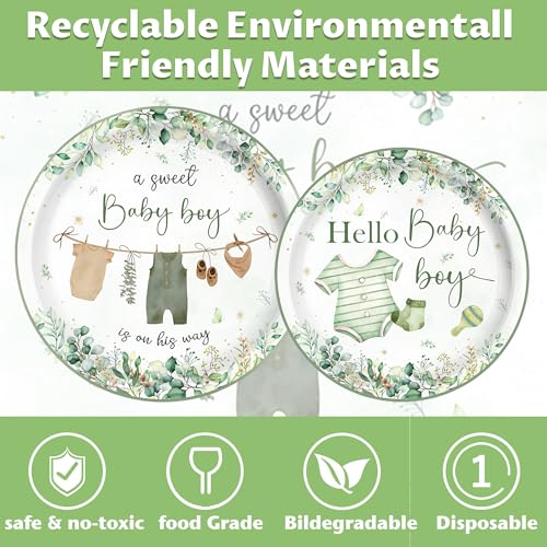 140PCS Greenery Baby Boy Shower Decorations Tableware Set, Boho Greency Party Decorations Tableware Set Dessert Plates Napkins Forks for 20 Guests
