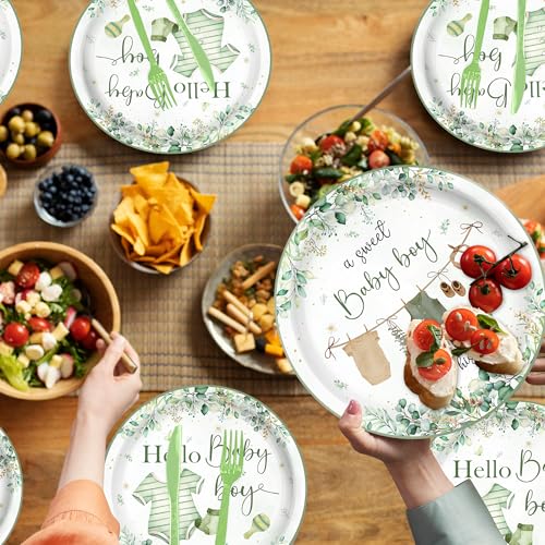140PCS Greenery Baby Boy Shower Decorations Tableware Set, Boho Greency Party Decorations Tableware Set Dessert Plates Napkins Forks for 20 Guests