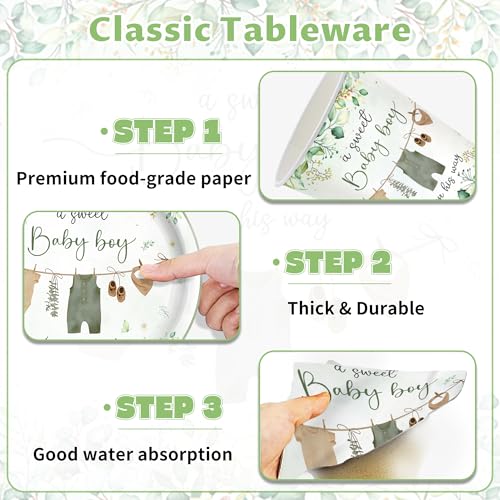 140PCS Greenery Baby Boy Shower Decorations Tableware Set, Boho Greency Party Decorations Tableware Set Dessert Plates Napkins Forks for 20 Guests