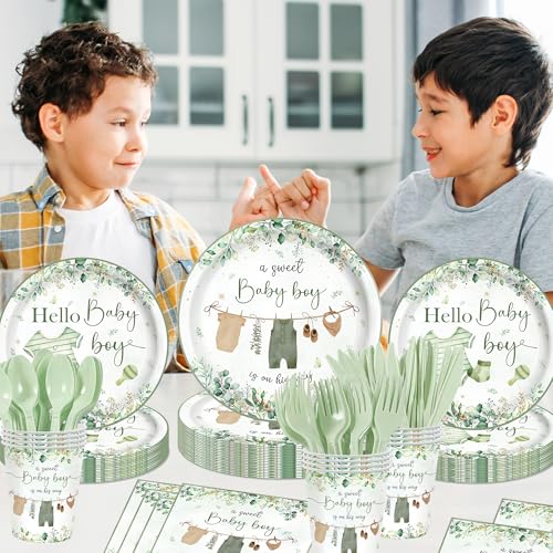 140PCS Greenery Baby Boy Shower Decorations Tableware Set, Boho Greency Party Decorations Tableware Set Dessert Plates Napkins Forks for 20 Guests