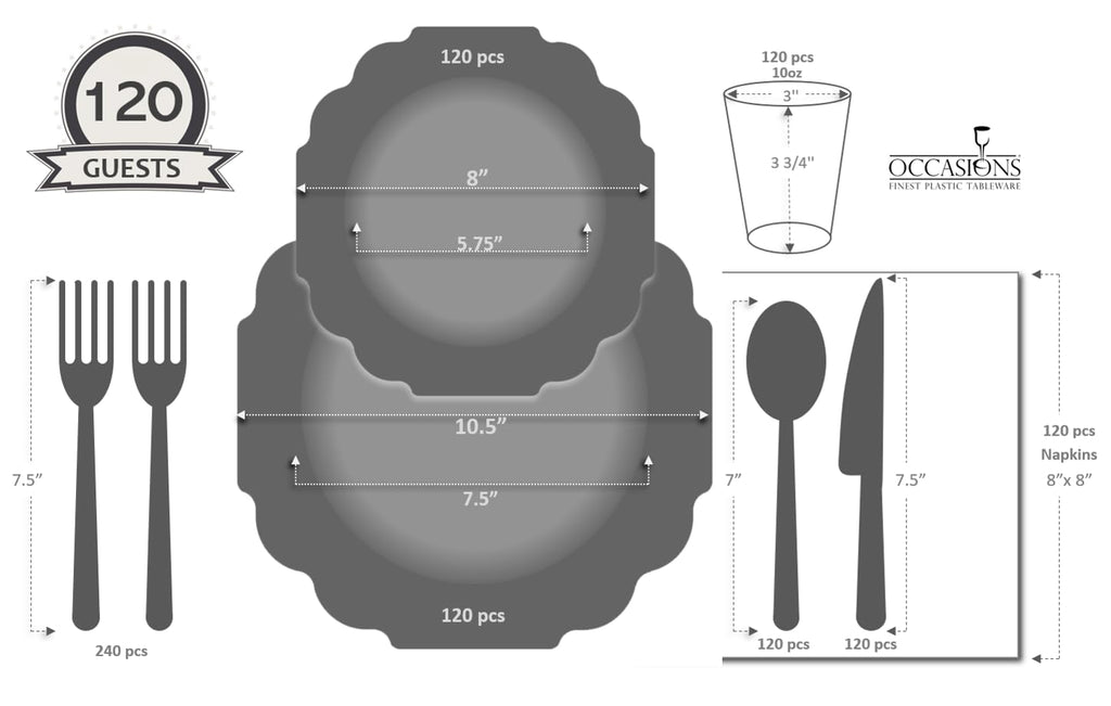 OCCASIONS 960 Piece set (120 Guests)-Heavyweight Wedding Party Disposable Plastic Plate Set -120 x 10.5''+ 120 x 8''+Silverware+Cups+Napkins (Imperial Turquoise Blue/Green & Silver)