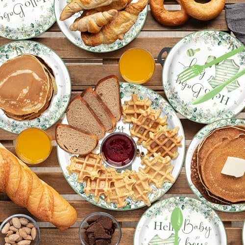 140PCS Greenery Baby Boy Shower Decorations Tableware Set, Boho Greency Party Decorations Tableware Set Dessert Plates Napkins Forks for 20 Guests