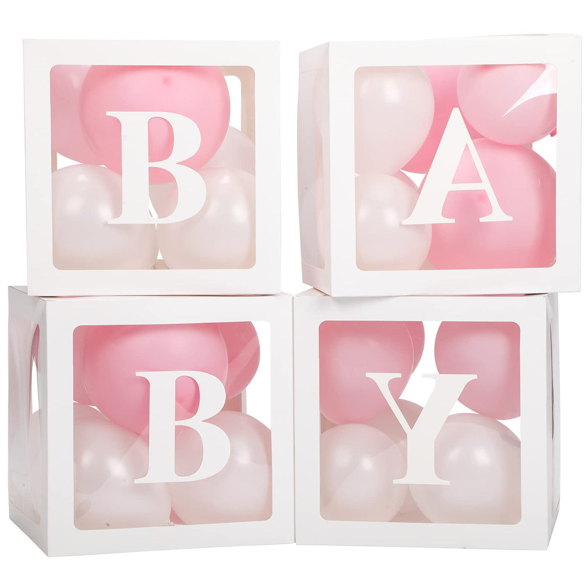 Voircoloria Baby Boxes with Letters for Shower, 4 Transparent Balloon Boxes for Gender Reveal Birthday Wedding Decorations