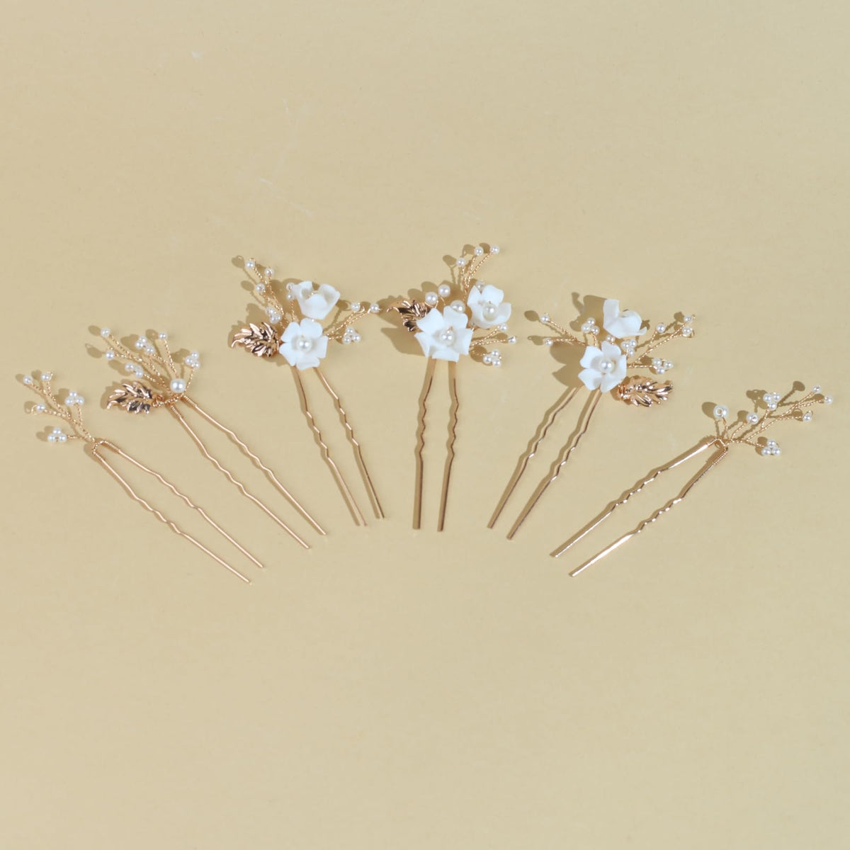 Handmade Pearl Bridal Wedding Hair Pins 6Pcs White Ceramic Flowers Gold Leaf Pearls Clips Wedding Hair Accessories for Women Brides Bridesmaid