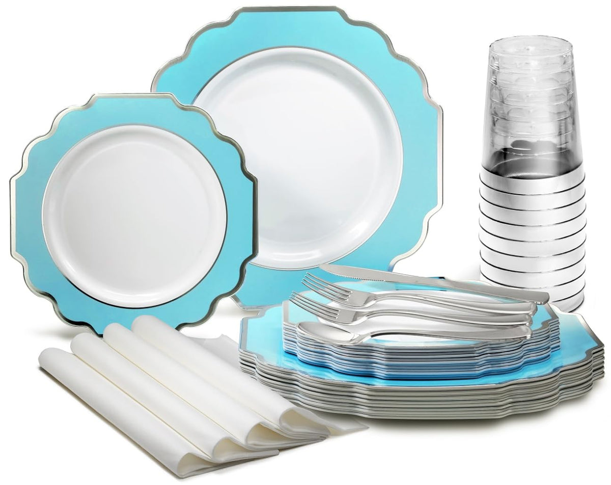 OCCASIONS 960 Piece set (120 Guests)-Heavyweight Wedding Party Disposable Plastic Plate Set -120 x 10.5''+ 120 x 8''+Silverware+Cups+Napkins (Imperial Turquoise Blue/Green & Silver)