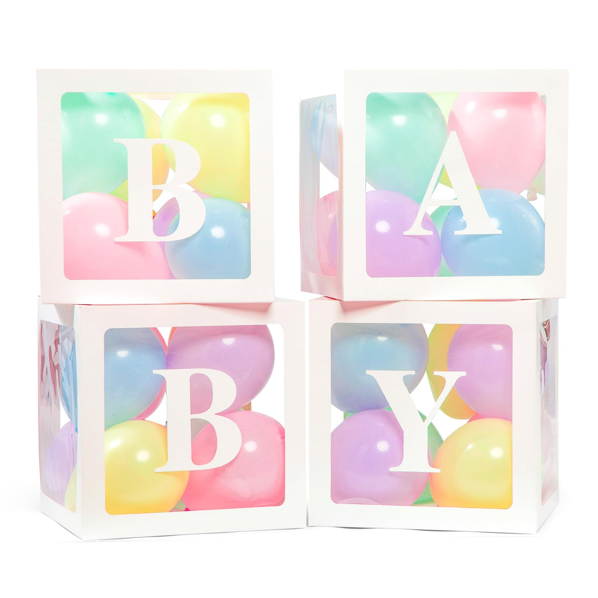 Voircoloria Baby Boxes with Letters for Shower, 4 Transparent Balloon Boxes for Gender Reveal Birthday Wedding Decorations
