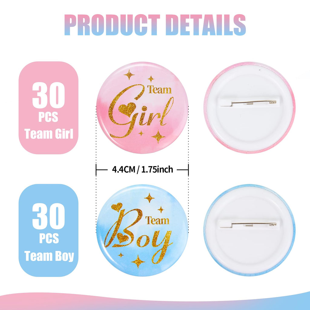 Gender Reveal Pins 60Pcs 4.4cm - Team Boy Team Girl Button Pins- 1.75 Inch