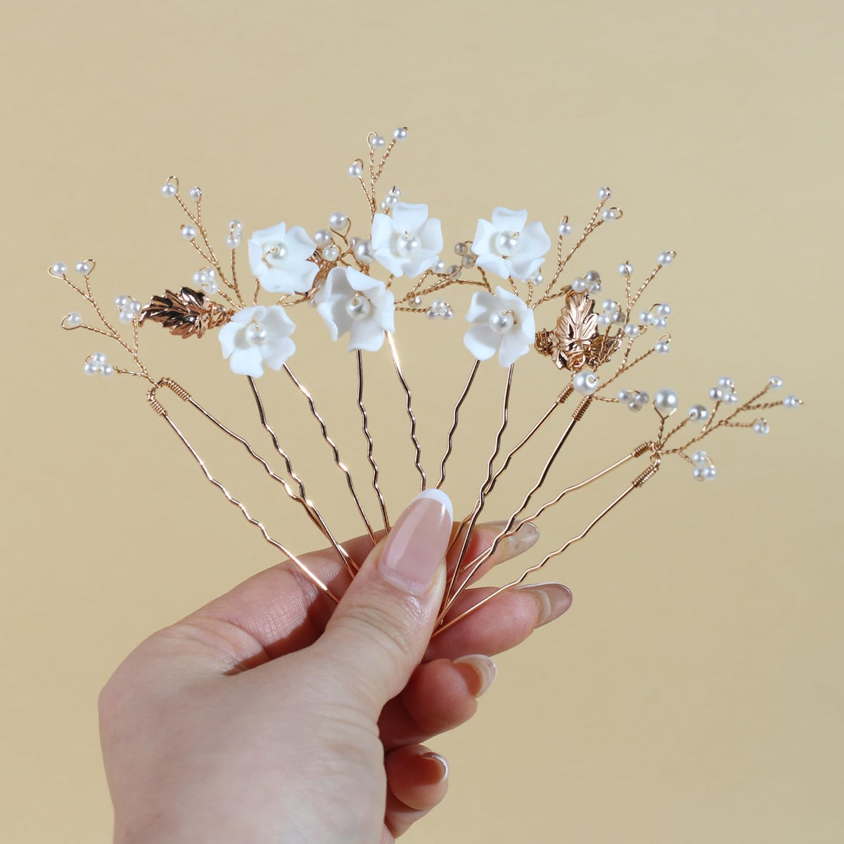 Handmade Pearl Bridal Wedding Hair Pins 6Pcs White Ceramic Flowers Gold Leaf Pearls Clips Wedding Hair Accessories for Women Brides Bridesmaid