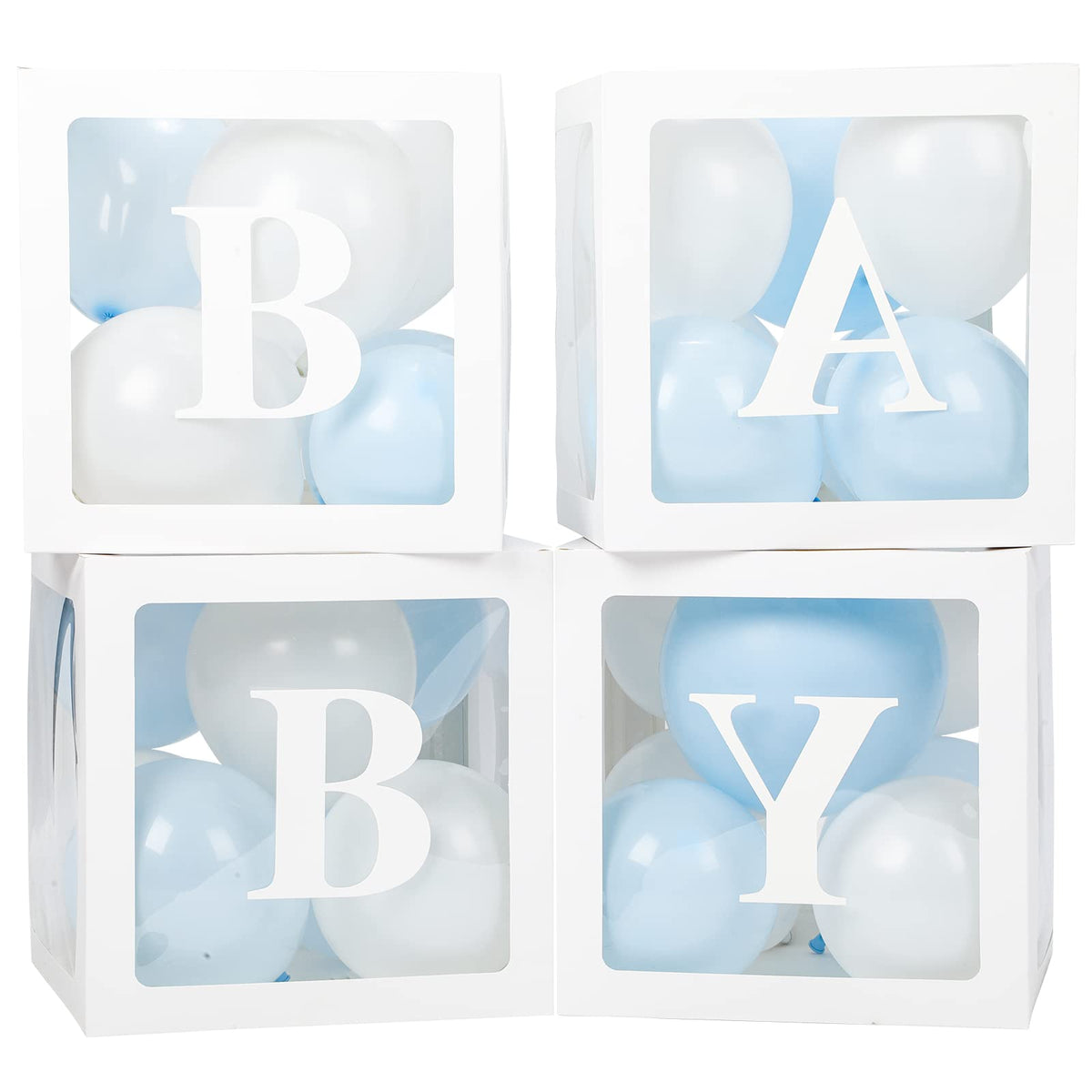 Voircoloria Baby Boxes with Letters for Shower, 4 Transparent Balloon Boxes for Gender Reveal Birthday Wedding Decorations