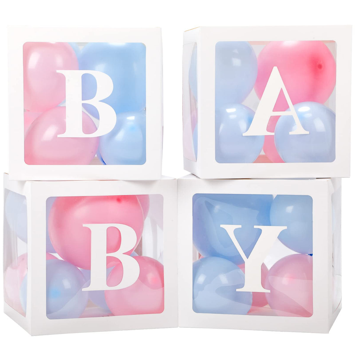 Voircoloria Baby Boxes with Letters for Shower, 4 Transparent Balloon Boxes for Gender Reveal Birthday Wedding Decorations