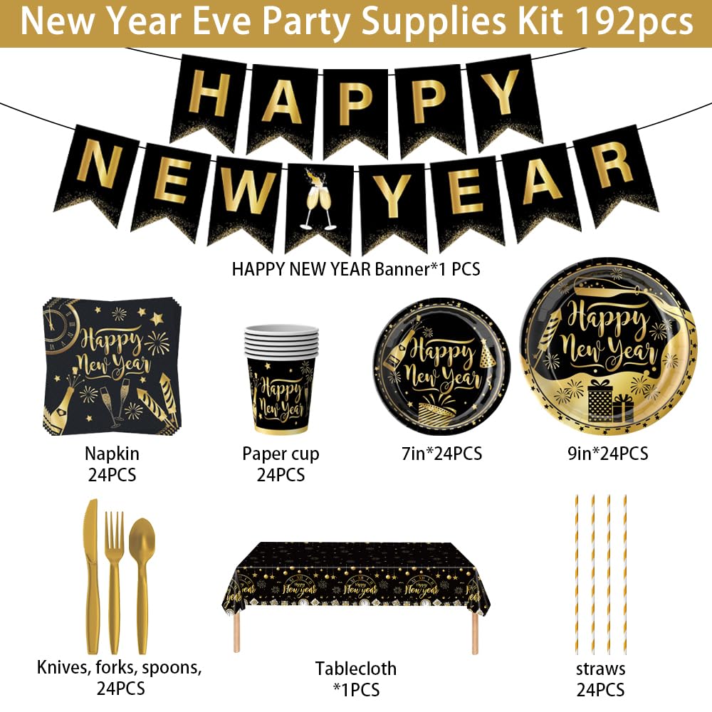 Happy New Years Eve Party Supplies 2027 Kit – New Year Eve Decorations Banner Plates and Napkins Cups Forks Tablecloth Serves for 24 Guests
