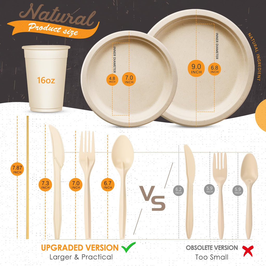 Gezond Compostable Paper Plates Set Eco-friendly Heavy-duty Disposable Paper Plates Cutlery Includes Eco-friendly Plate, Forks, Knives, Spoons, Cups and Straws for Wedding Party, 50 Guests