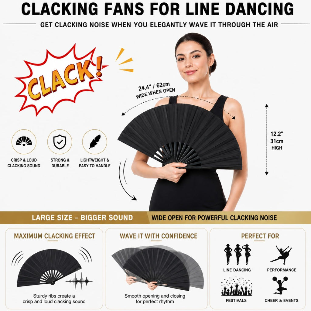 NOIMTTY Large Portable Folding Clacking Fans For Line Dancing - Boots On The Ground Hand Fan For Raves & Decorations
