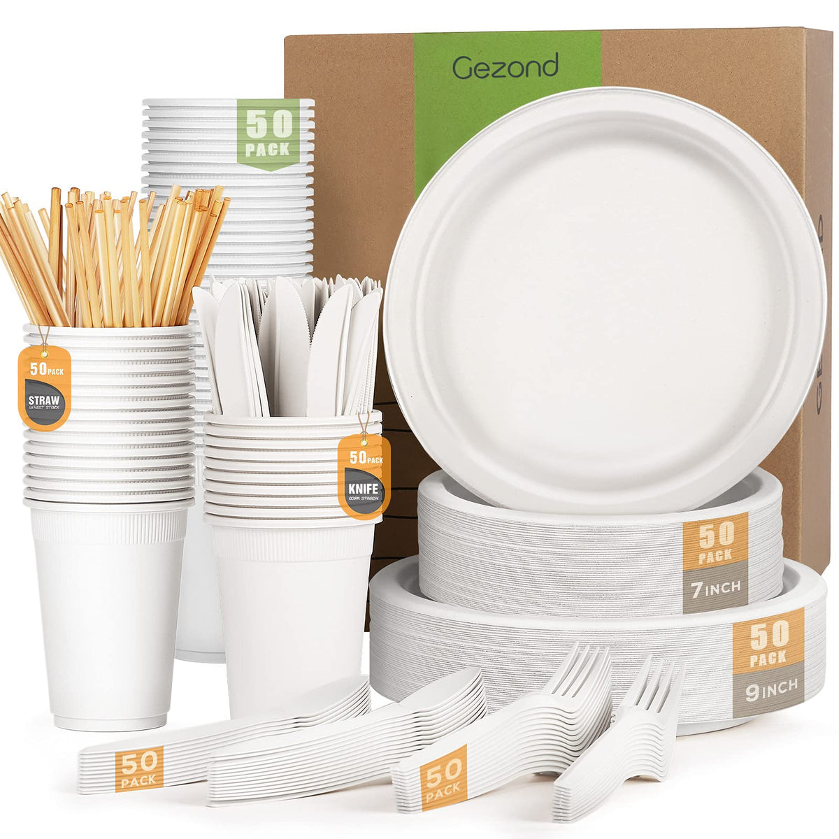 Gezond Compostable Paper Plates Set Eco-friendly Heavy-duty Disposable Paper Plates Cutlery Includes Eco-friendly Plate, Forks, Knives, Spoons, Cups and Straws for Wedding Party, 50 Guests