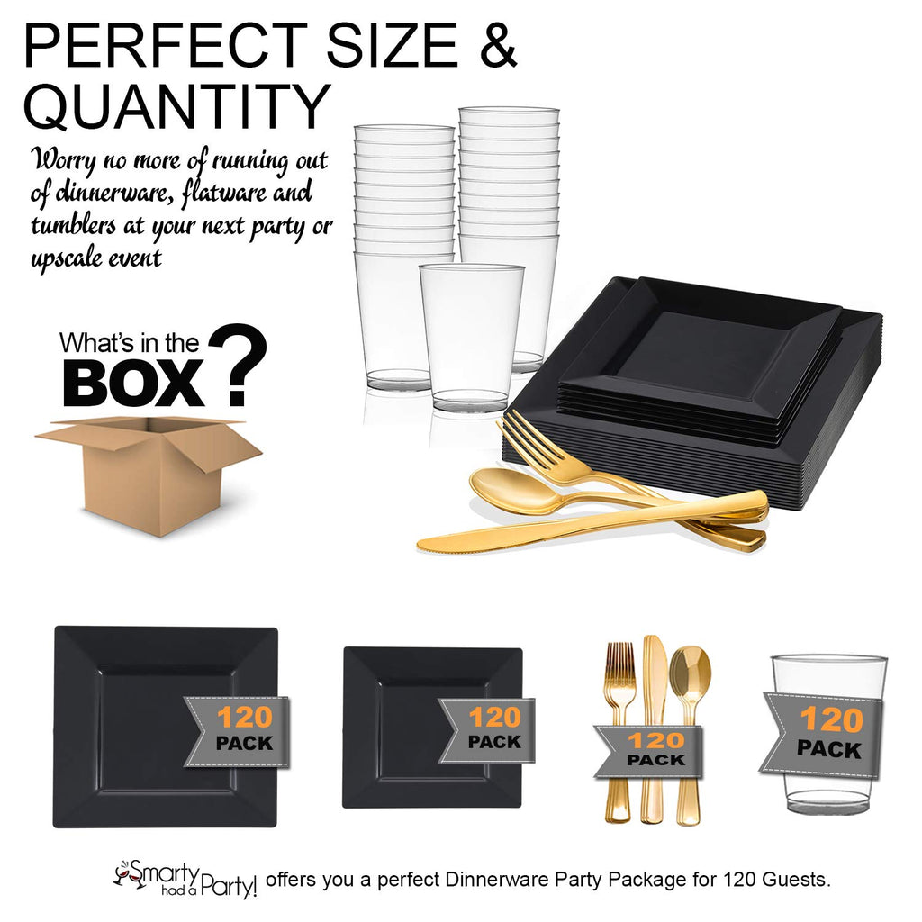 Square Black Disposable Plastic Dinnerware Party Package, Dinner & Salad Plates, Gold Cutlery, Tumblers (120 Person Package)