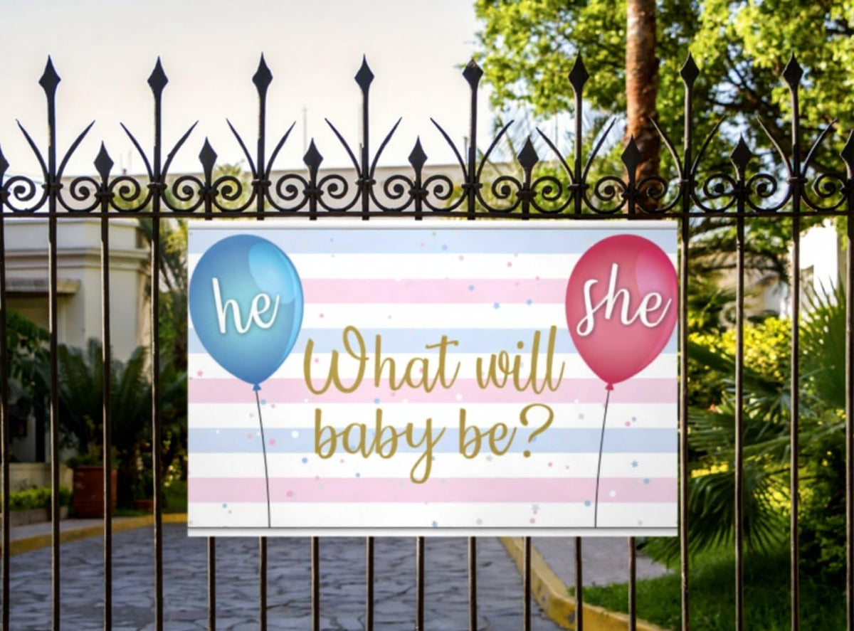 VictoryStore Gender Reveal Party Supplies: Gender Reveal Banner - What Will Baby be? He or She? Waterproof Vinyl Banner