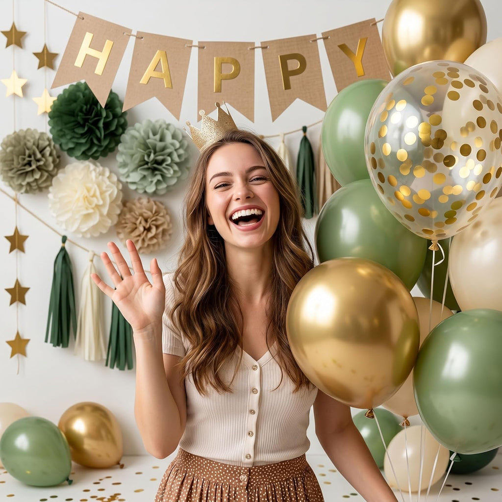 ANSOMO Sage Green Happy Birthday Party Decorations Retro Green Nude Ivory Dark Olive Kraft Paper Banner Balloons Neutral Rustic Boho Blush Safari Botanical Greenery Wild Décor Supplies Women Adults