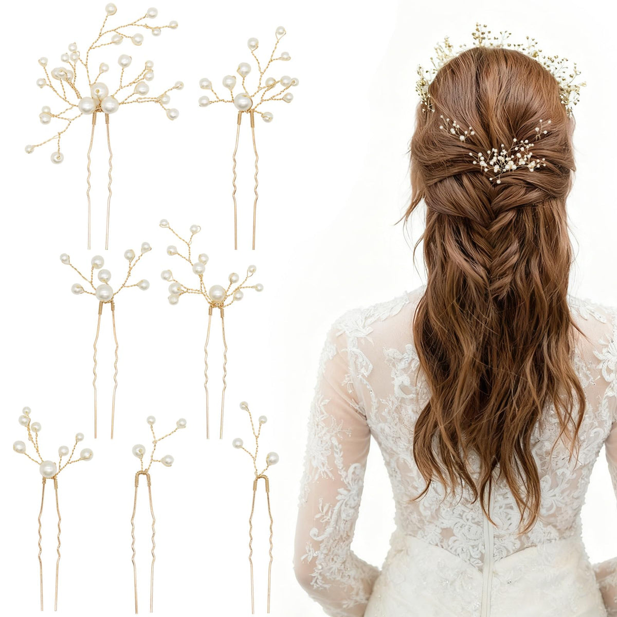 7Pcs Pearl Hair Pins for Brides | Wedding Hair Accessories Set | Gold Leaf Headpiece Clips | Jewelry for Women for Weddings, Parties, Special Occasions