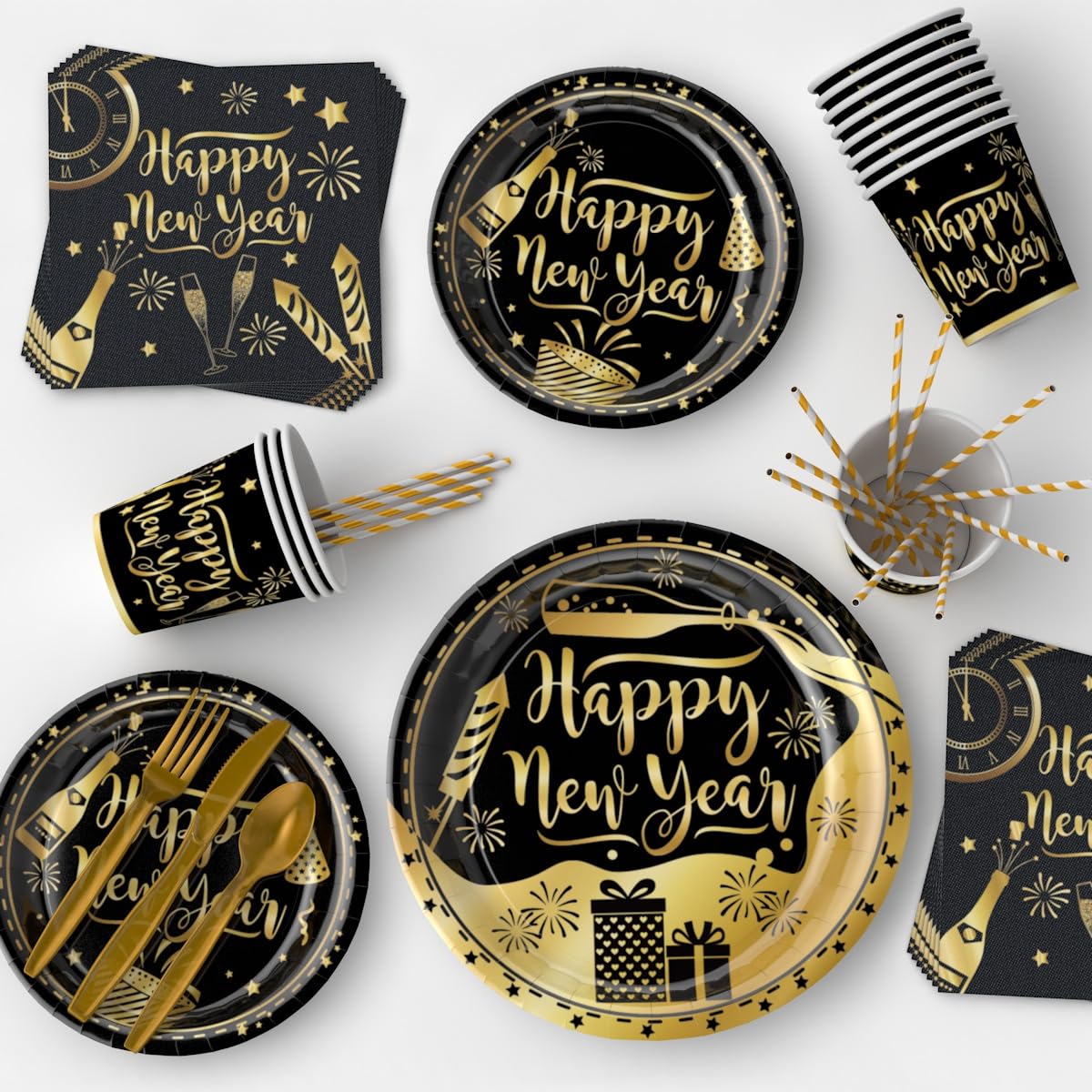 Happy New Years Eve Party Supplies 2027 Kit – New Year Eve Decorations Banner Plates and Napkins Cups Forks Tablecloth Serves for 24 Guests