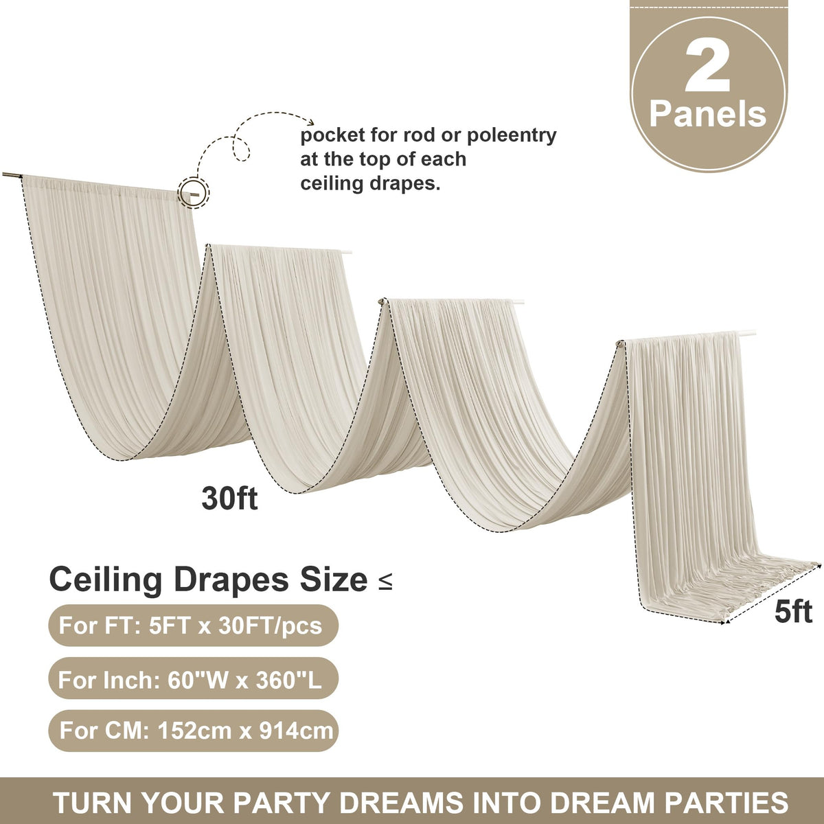 Party Village 30FT Wedding Ceiling Drapes Wrinkle-Free Draping Curtains