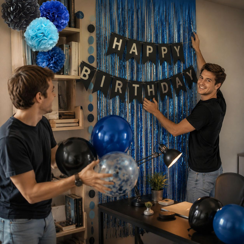 ANSOMO Blue and Black Happy Birthday Party Decorations for Boys Men Banner Balloons Navy Royal Light Blue Pom Poms Foil Curtain Décor Supplies 13th 16th 18th 20th 30th 40th 50th 60th 70th 80th