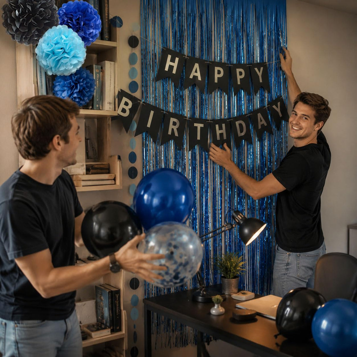 ANSOMO Blue and Black Happy Birthday Party Decorations for Boys Men Banner Balloons Navy Royal Light Blue Pom Poms Foil Curtain Décor Supplies 13th 16th 18th 20th 30th 40th 50th 60th 70th 80th