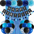 ANSOMO Blue and Black Happy Birthday Party Decorations for Boys Men Banner Balloons Navy Royal Light Blue Pom Poms Foil Curtain Décor Supplies 13th 16th 18th 20th 30th 40th 50th 60th 70th 80th