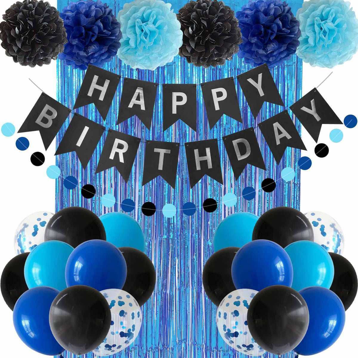 ANSOMO Blue and Black Happy Birthday Party Decorations for Boys Men Banner Balloons Navy Royal Light Blue Pom Poms Foil Curtain Décor Supplies 13th 16th 18th 20th 30th 40th 50th 60th 70th 80th