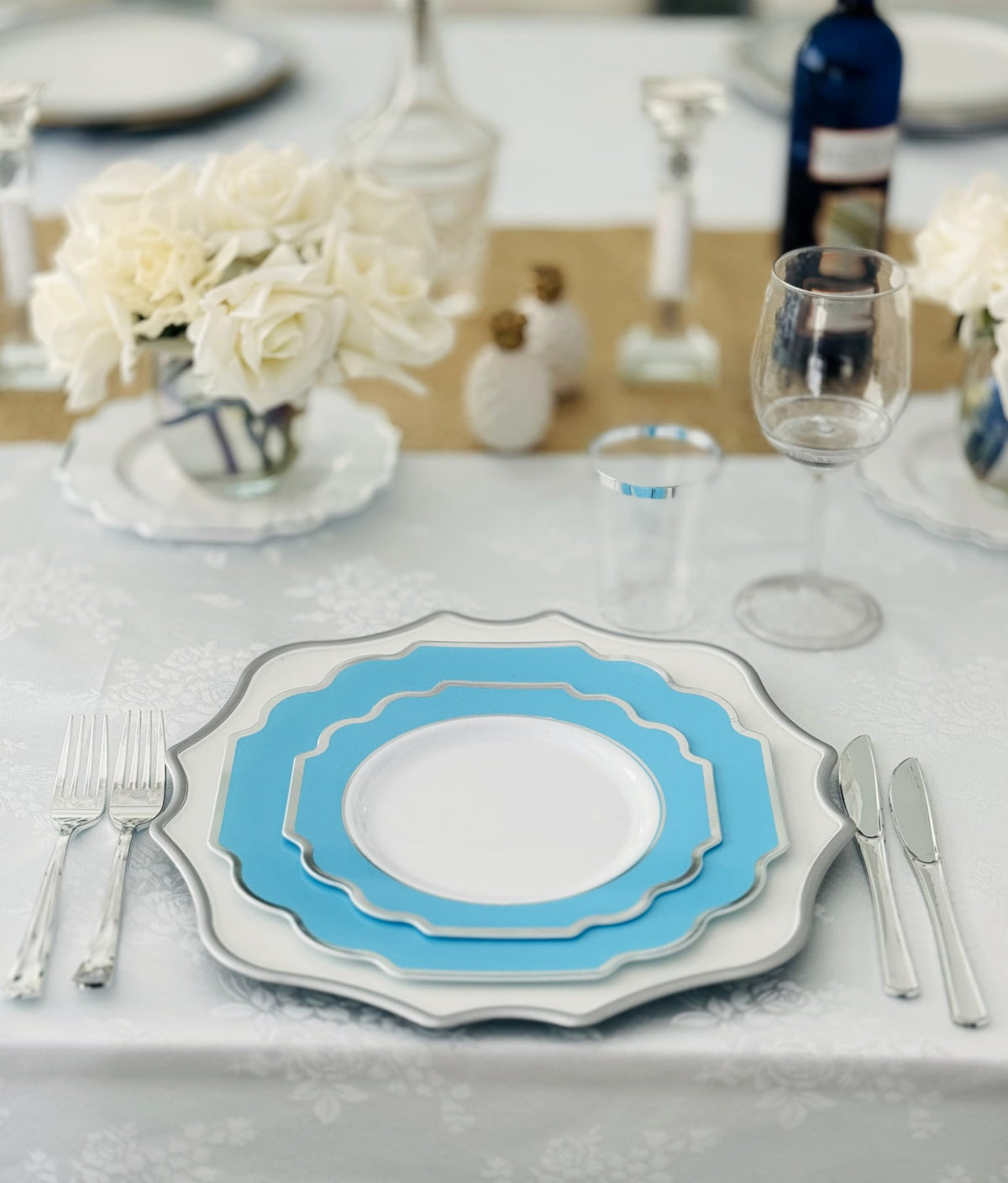 OCCASIONS 960 Piece set (120 Guests)-Heavyweight Wedding Party Disposable Plastic Plate Set -120 x 10.5''+ 120 x 8''+Silverware+Cups+Napkins (Imperial Turquoise Blue/Green & Silver)