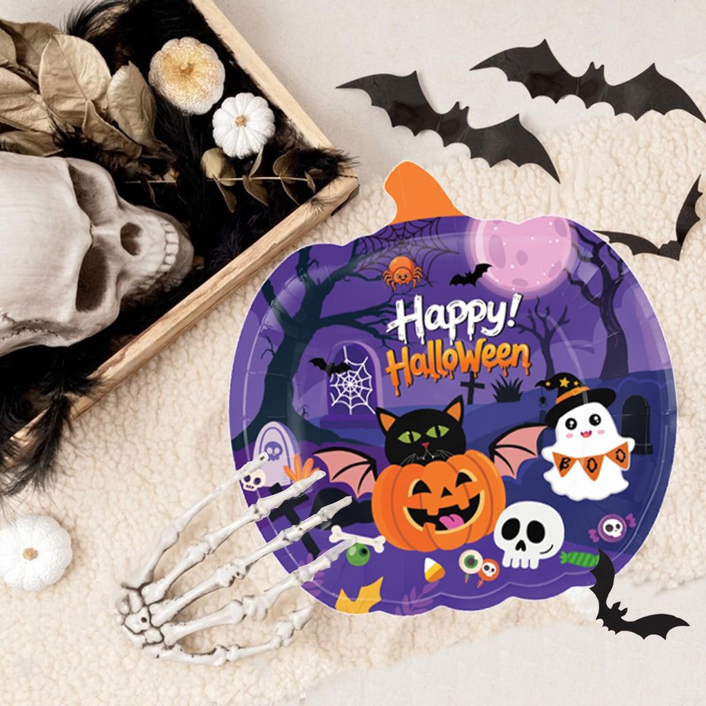 74 PCS Halloween Party Supplies Pumpkin Shaped Disposable Plates, Napkins, Cups, Banner, Tablecloth for Halloween Birthday Baby Shower Decorations, Serves 24