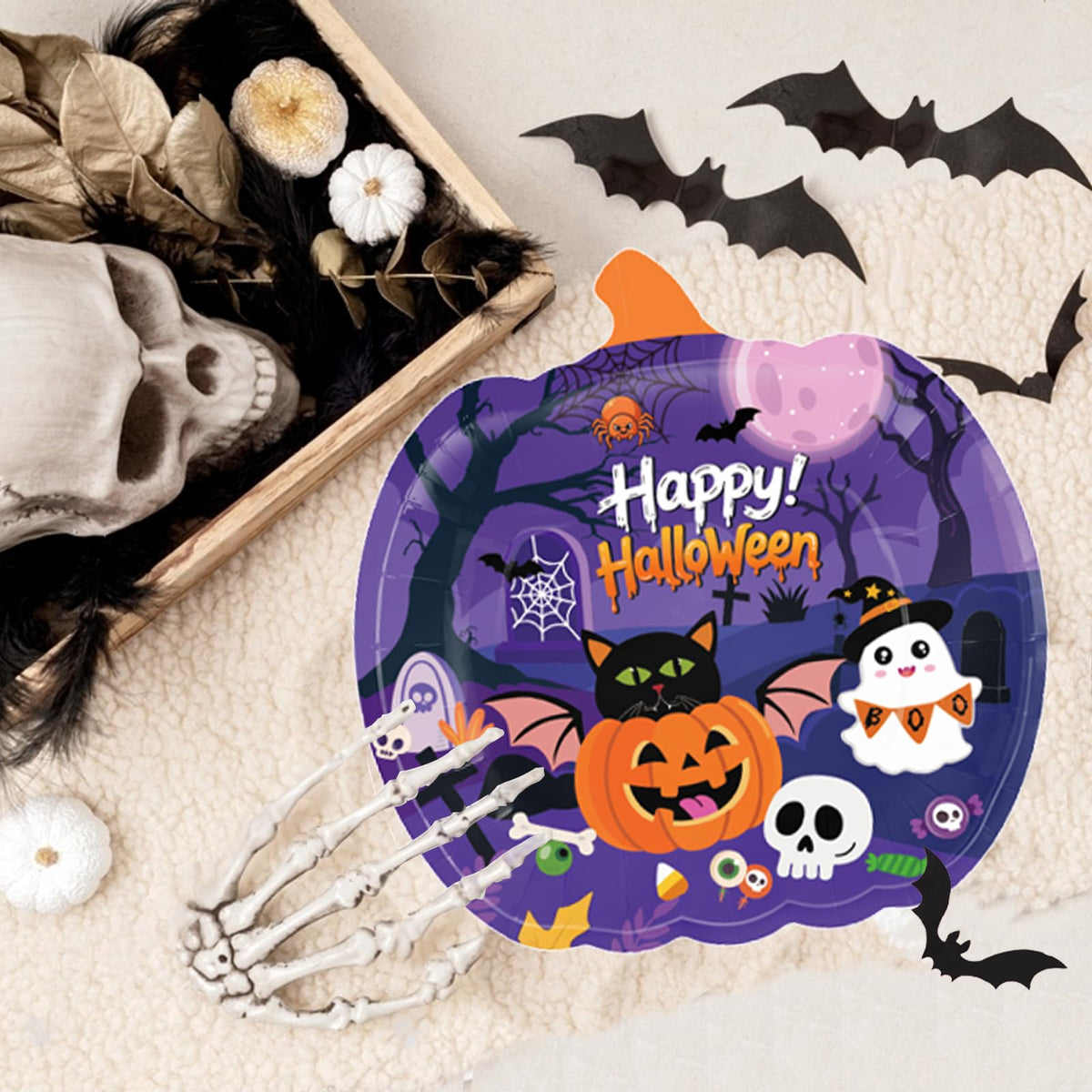 74 PCS Halloween Party Supplies Pumpkin Shaped Disposable Plates, Napkins, Cups, Banner, Tablecloth for Halloween Birthday Baby Shower Decorations, Serves 24