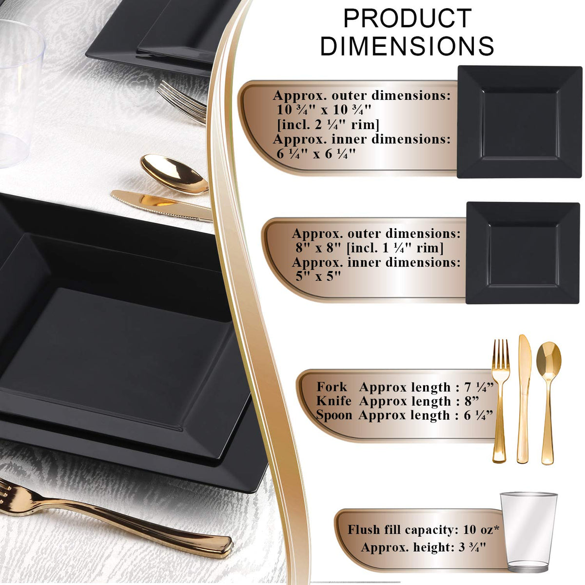 Square Black Disposable Plastic Dinnerware Party Package, Dinner & Salad Plates, Gold Cutlery, Tumblers (120 Person Package)