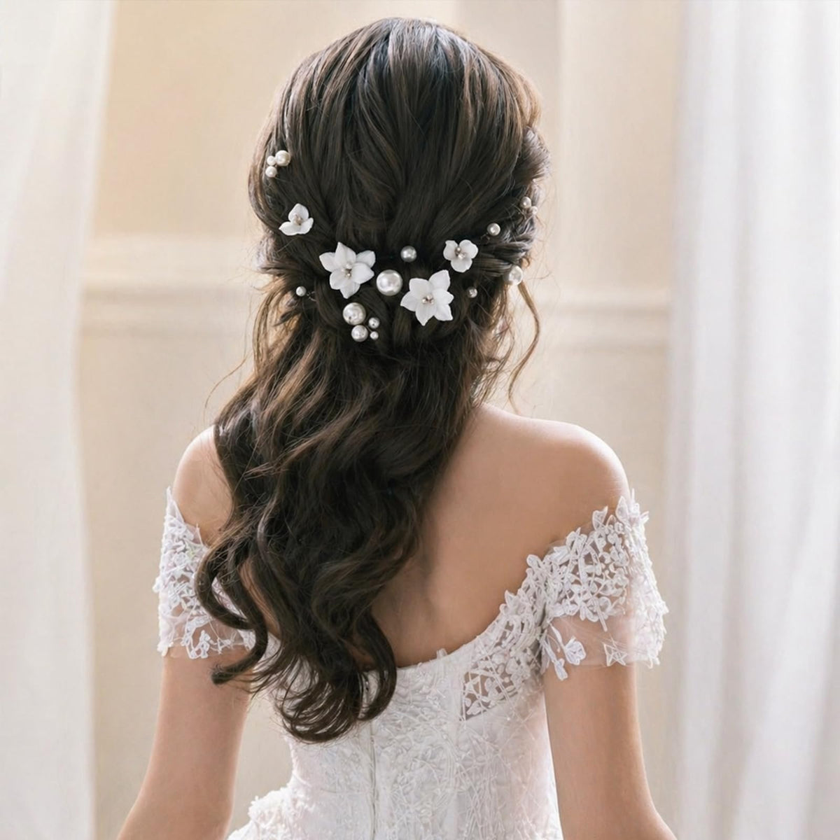 Handmade Pearl Bridal Wedding Hair Pins 6Pcs White Ceramic Flowers Gold Leaf Pearls Clips Wedding Hair Accessories for Women Brides Bridesmaid