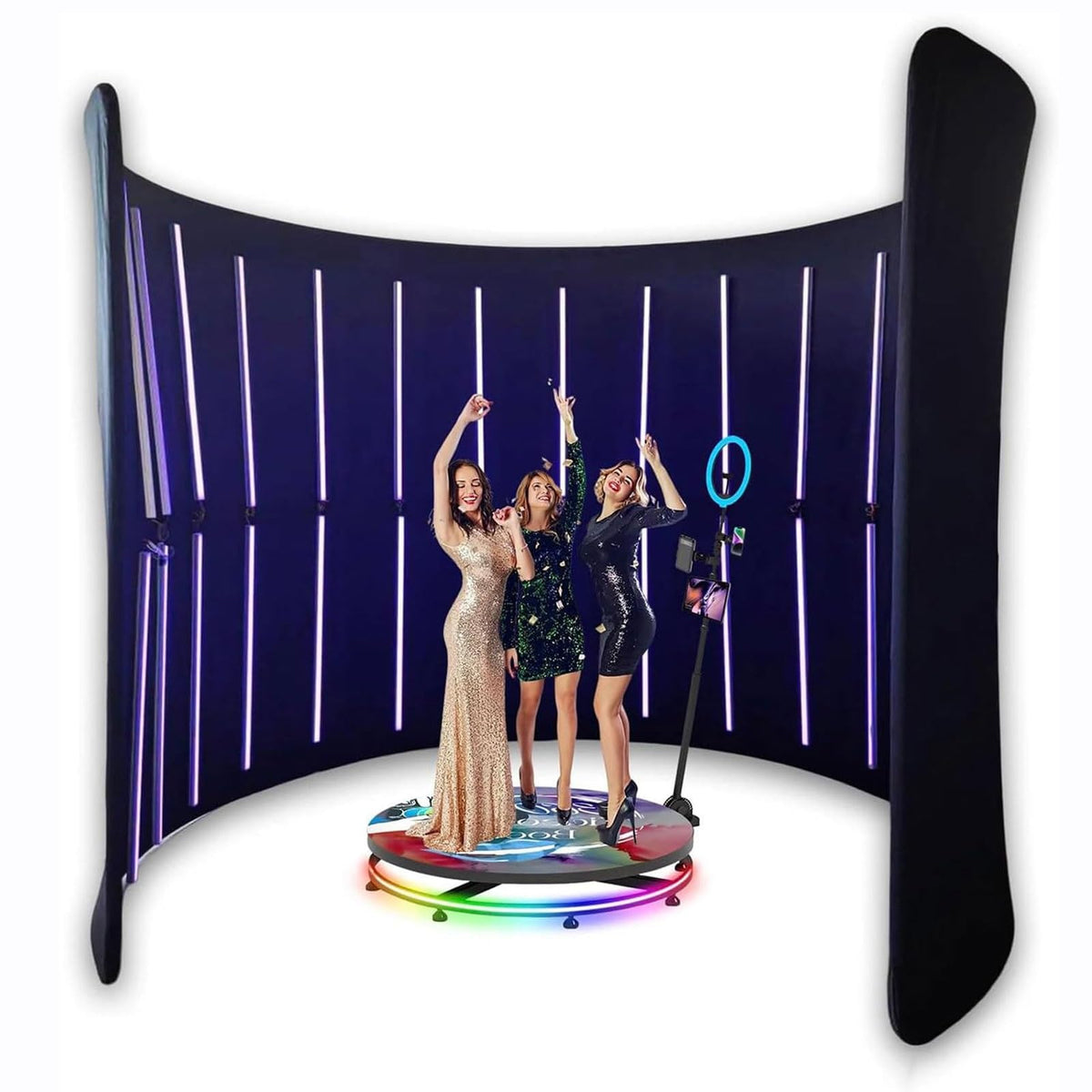 360 Photo Booth with LED Lights, 7.8ft Round Backdrop for Events & Weddings, Custom Logo, 360° Video Camera Booth, Perfect for Parties & Celebrations