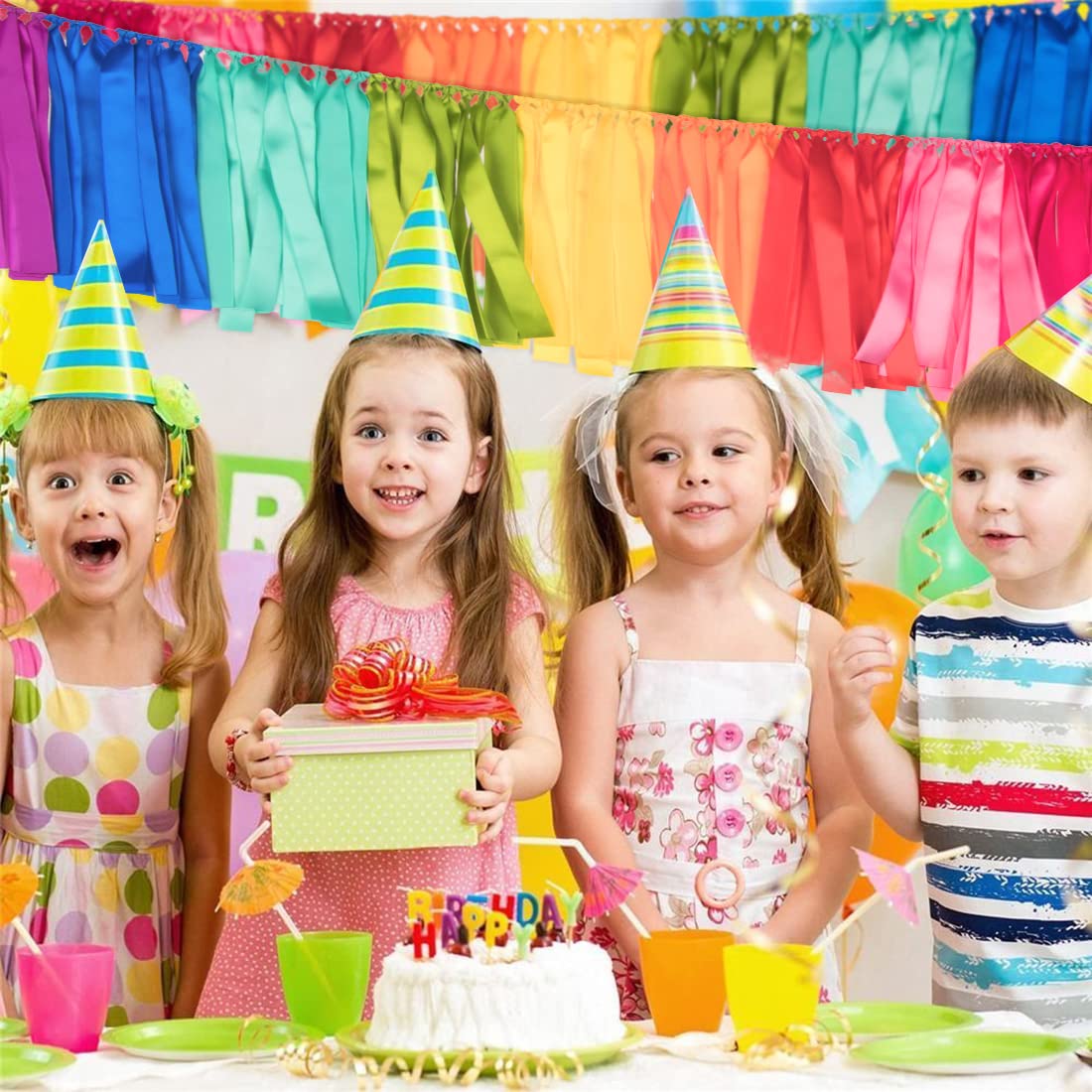 2 Packs Rainbow Ribbon Tassel Garland, Pre Assembled Colorful Garland Banner 40x14 Inch Banner Backdrop for Classroom Decor, Wall Window, Weddings, Baby Showers, and Birthdays Parties