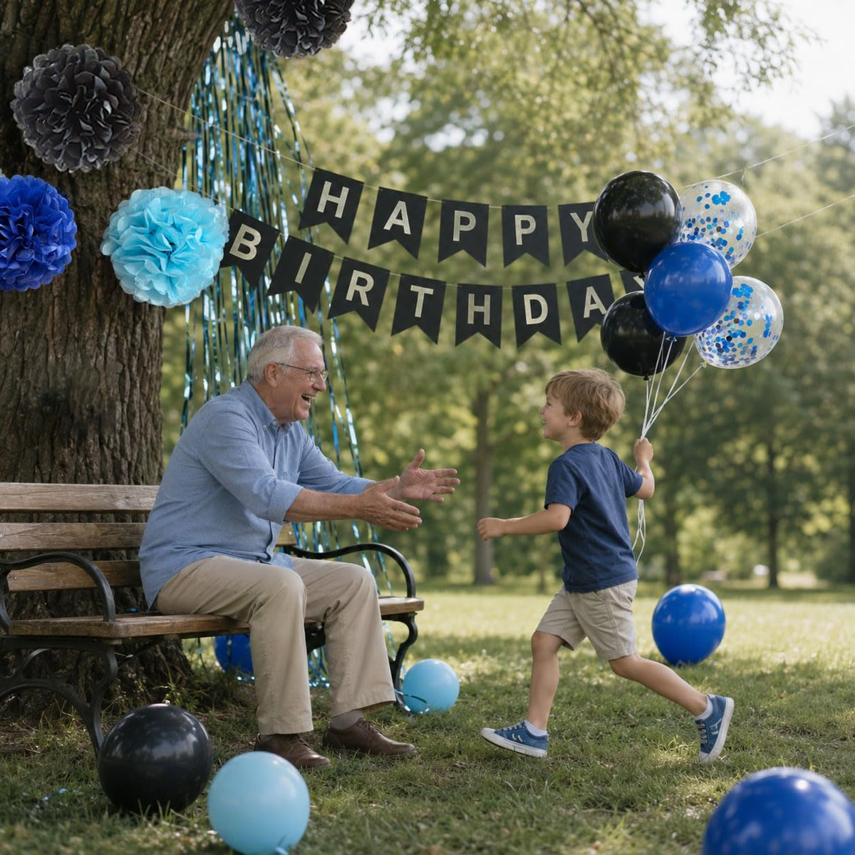 ANSOMO Blue and Black Happy Birthday Party Decorations for Boys Men Banner Balloons Navy Royal Light Blue Pom Poms Foil Curtain Décor Supplies 13th 16th 18th 20th 30th 40th 50th 60th 70th 80th