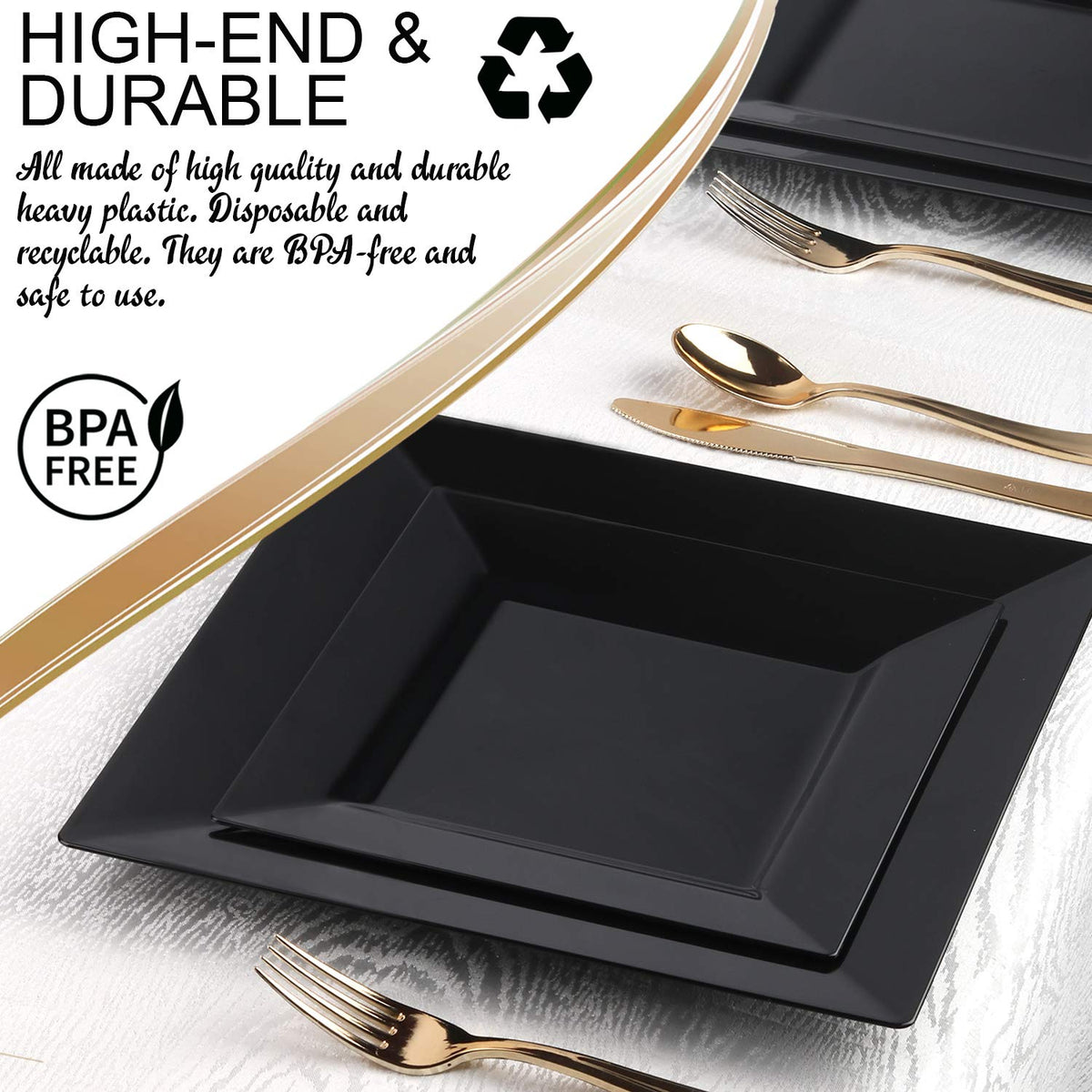 Square Black Disposable Plastic Dinnerware Party Package, Dinner & Salad Plates, Gold Cutlery, Tumblers (120 Person Package)