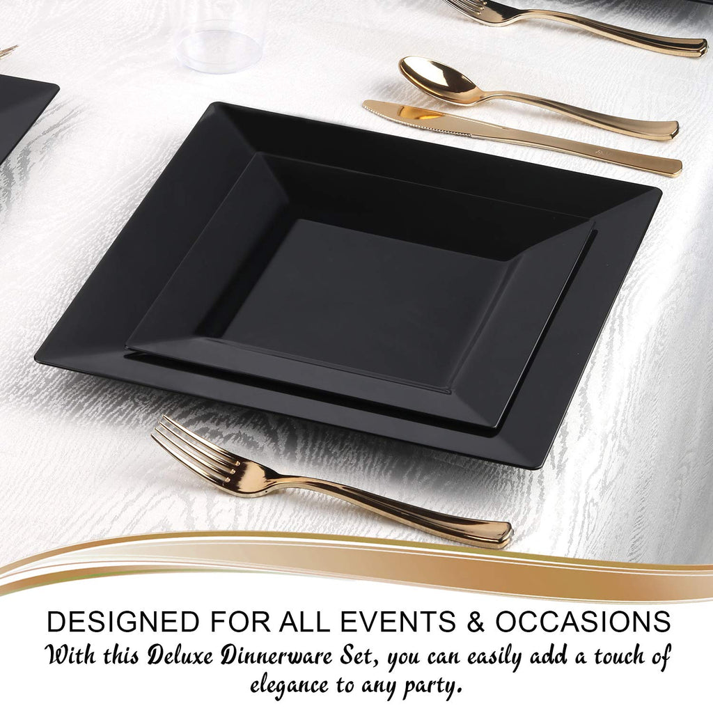Square Black Disposable Plastic Dinnerware Party Package, Dinner & Salad Plates, Gold Cutlery, Tumblers (120 Person Package)