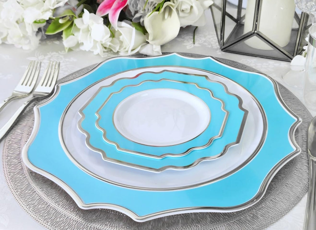 OCCASIONS 960 Piece set (120 Guests)-Heavyweight Wedding Party Disposable Plastic Plate Set -120 x 10.5''+ 120 x 8''+Silverware+Cups+Napkins (Imperial Turquoise Blue/Green & Silver)