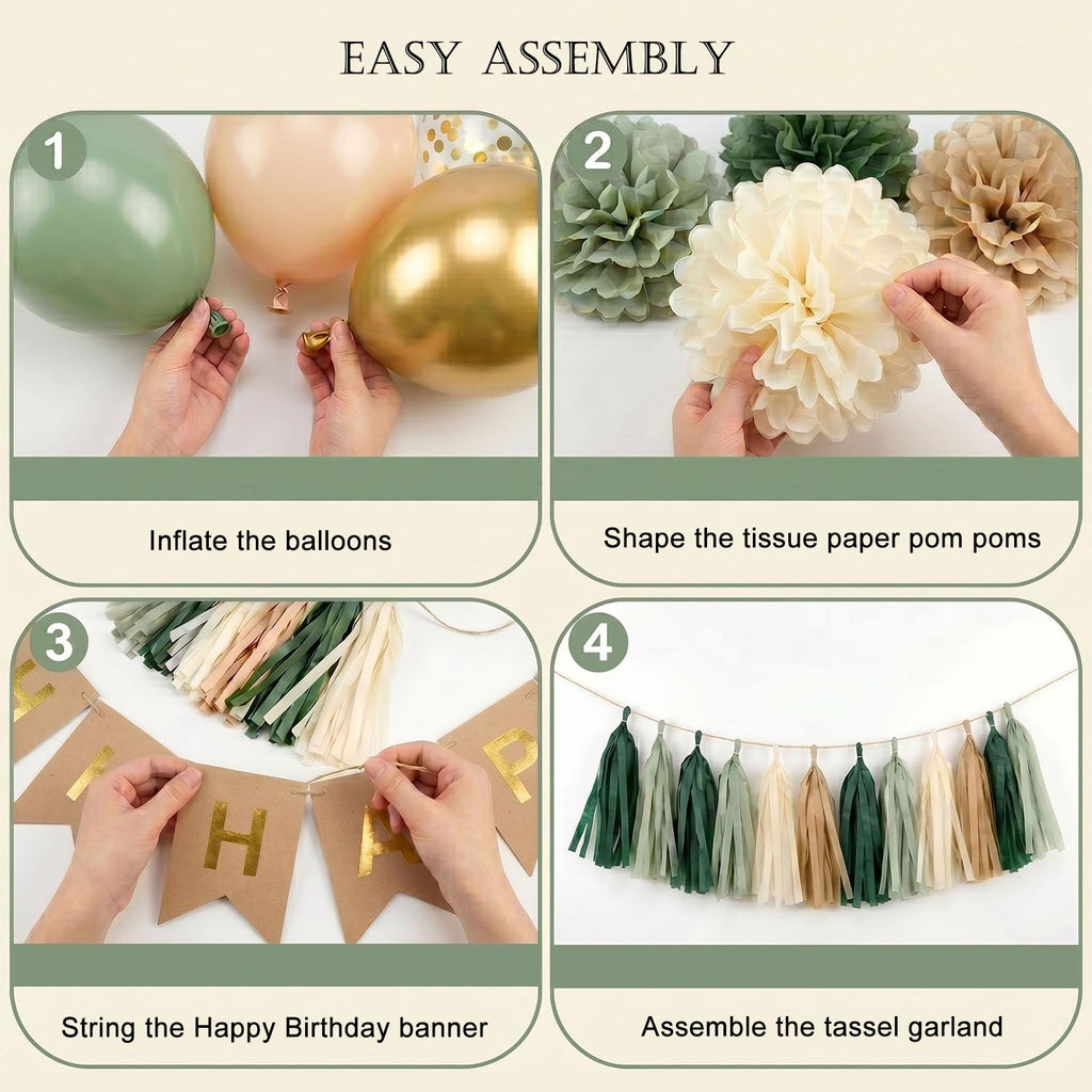 ANSOMO Sage Green Happy Birthday Party Decorations Retro Green Nude Ivory Dark Olive Kraft Paper Banner Balloons Neutral Rustic Boho Blush Safari Botanical Greenery Wild Décor Supplies Women Adults