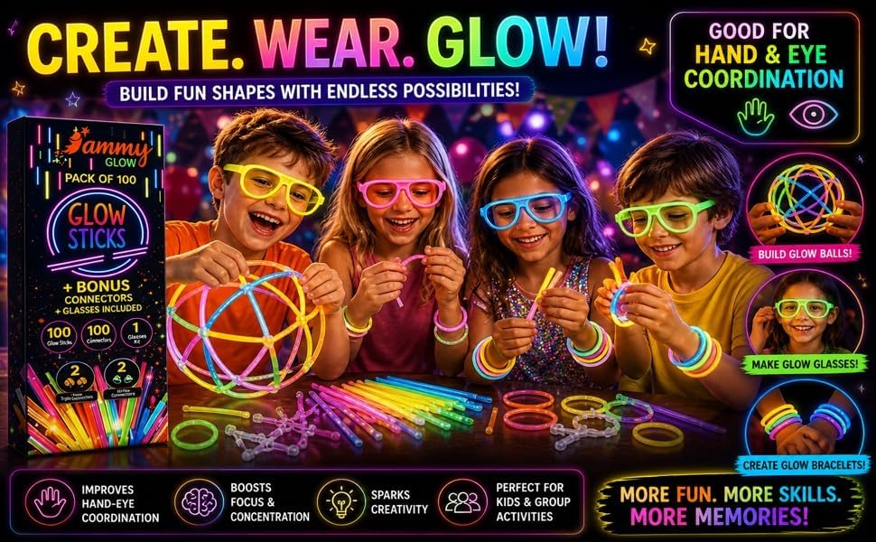 Glow Sticks Bulk, Glow in The Dark Party Supplies w/ Eye Glasses Kit, Bracelets Necklaces & More, 12 Hours Glow Party Pack 8 inch for Kids, Mardi Gras, Party Favors for kids 8-12