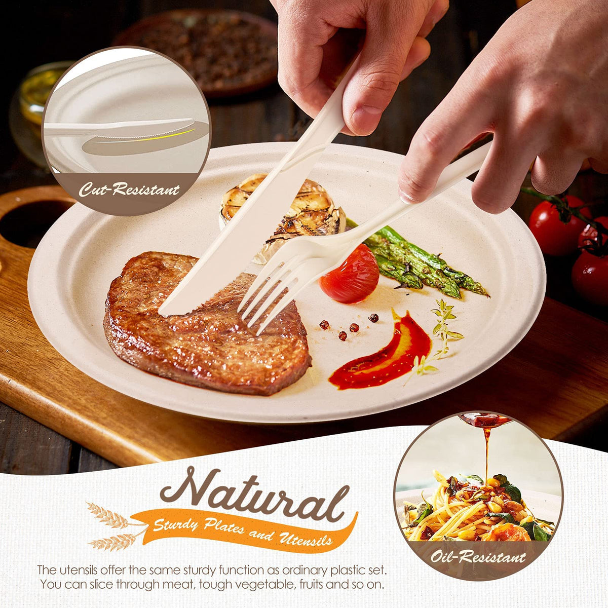 Gezond Compostable Paper Plates Set Eco-friendly Heavy-duty Disposable Paper Plates Cutlery Includes Eco-friendly Plate, Forks, Knives, Spoons, Cups and Straws for Wedding Party, 50 Guests