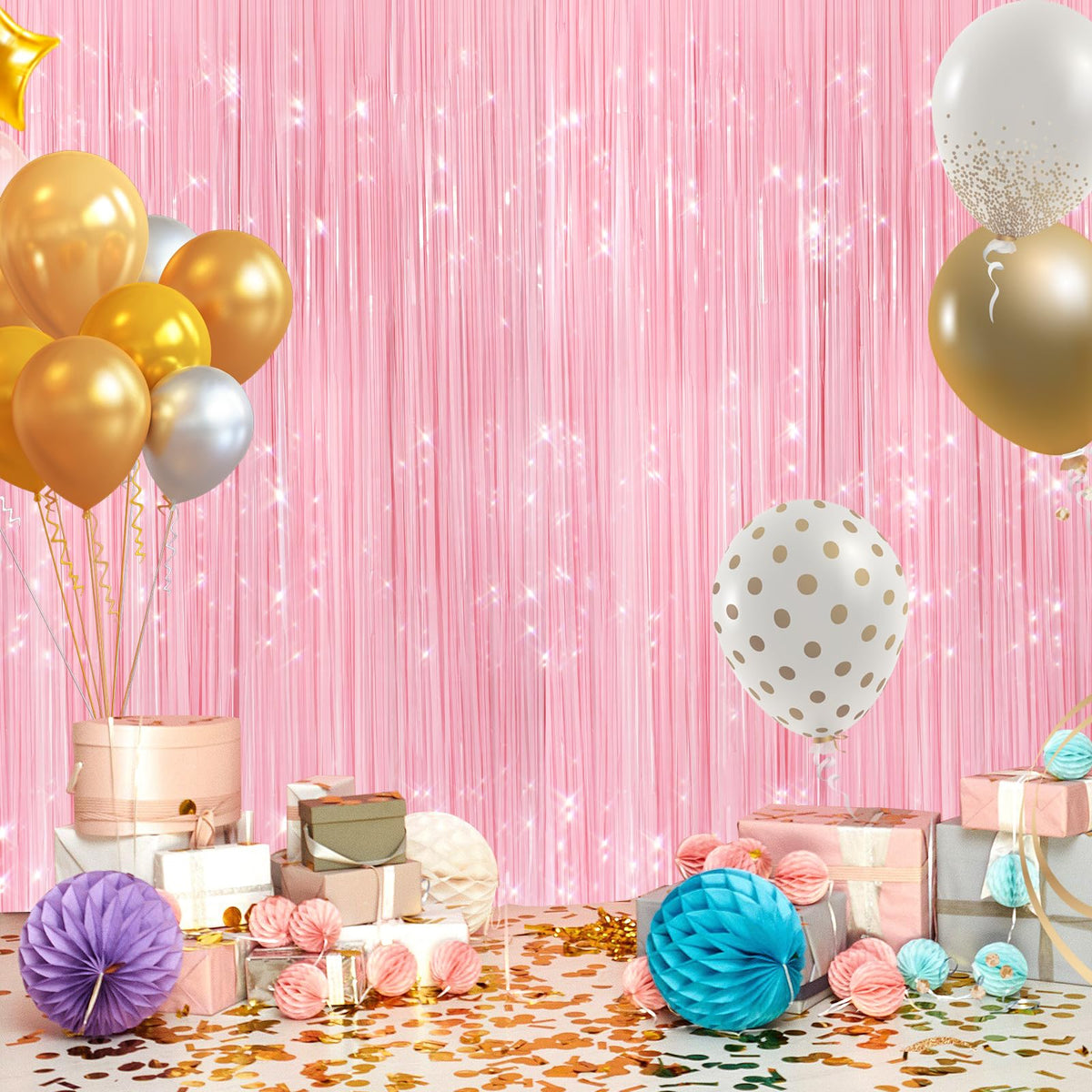 GCB 2Pack Metallic Tinsel Foil Fringe Curtains, Black Foil Curtain Backdrop, Photo Booth Props for Birthday Wedding Baby Shower Bachelorette Xmas Celebration Party Decorations Door Streamers