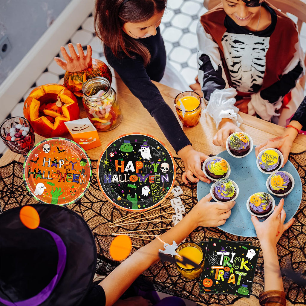 179 PCS Halloween Party Supplies - Plates, Napkins, Cups, Banner, Hanging Swirls, Tablecloth for Halloween Birthday Baby Shower Decorations, Serves 24