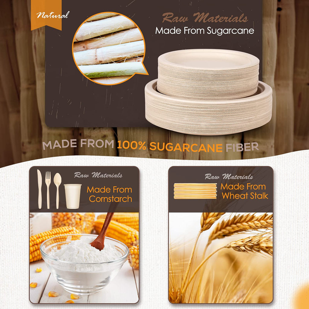 Gezond Compostable Paper Plates Set Eco-friendly Heavy-duty Disposable Paper Plates Cutlery Includes Eco-friendly Plate, Forks, Knives, Spoons, Cups and Straws for Wedding Party, 50 Guests
