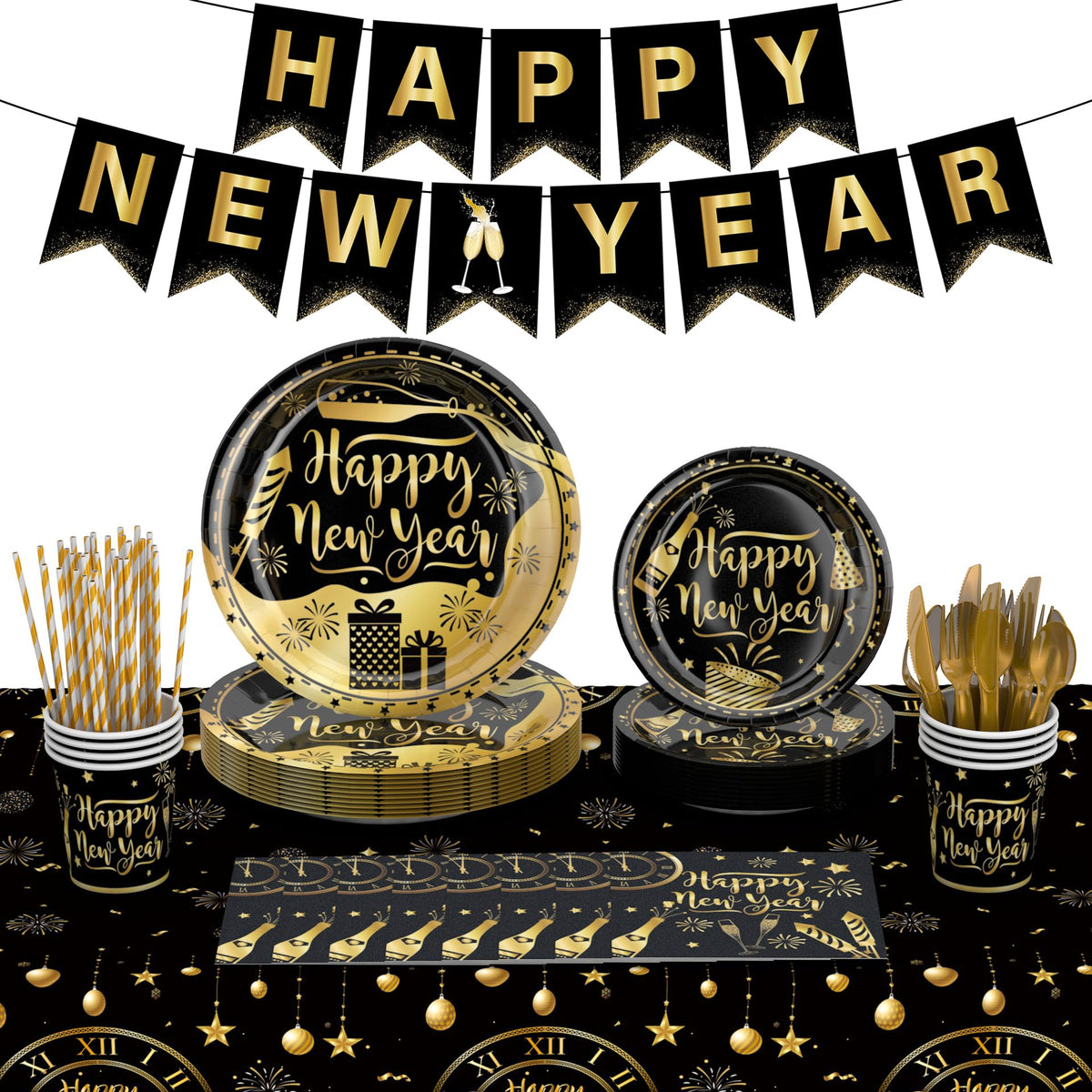 Happy New Years Eve Party Supplies 2027 Kit – New Year Eve Decorations Banner Plates and Napkins Cups Forks Tablecloth Serves for 24 Guests