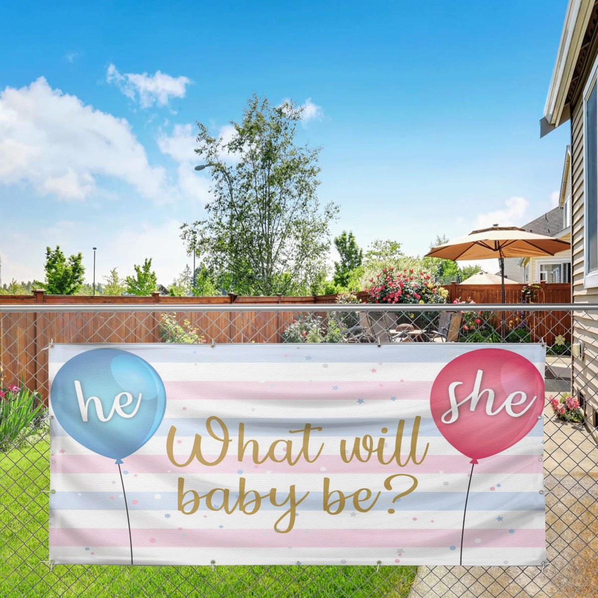VictoryStore Gender Reveal Party Supplies: Gender Reveal Banner - What Will Baby be? He or She? Waterproof Vinyl Banner