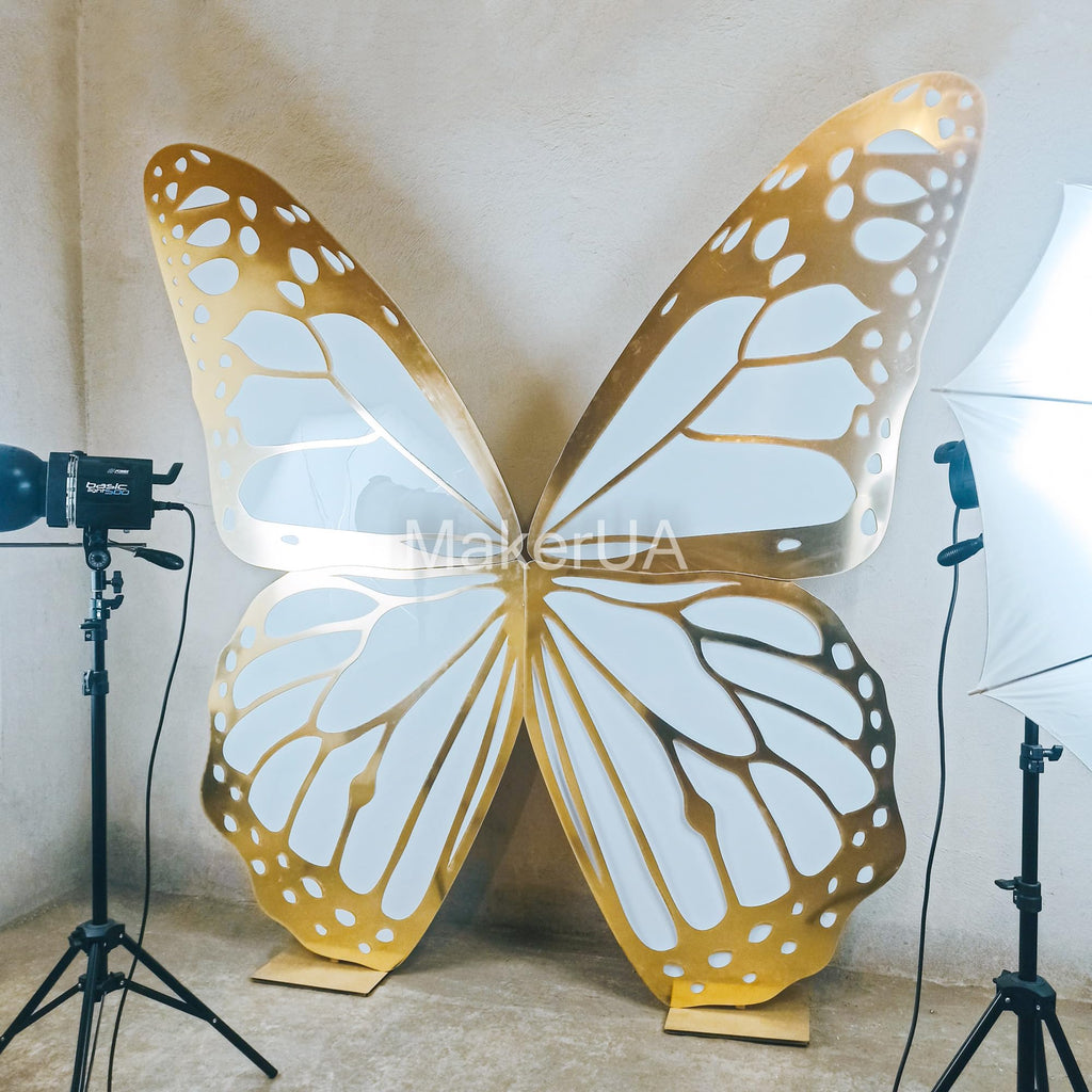 Butterfly Backdrop Gold + White 2m 6.6ft Birthday Party Props Decorations Wedding Wings Stand Flower Floral Angel Design Event Decor