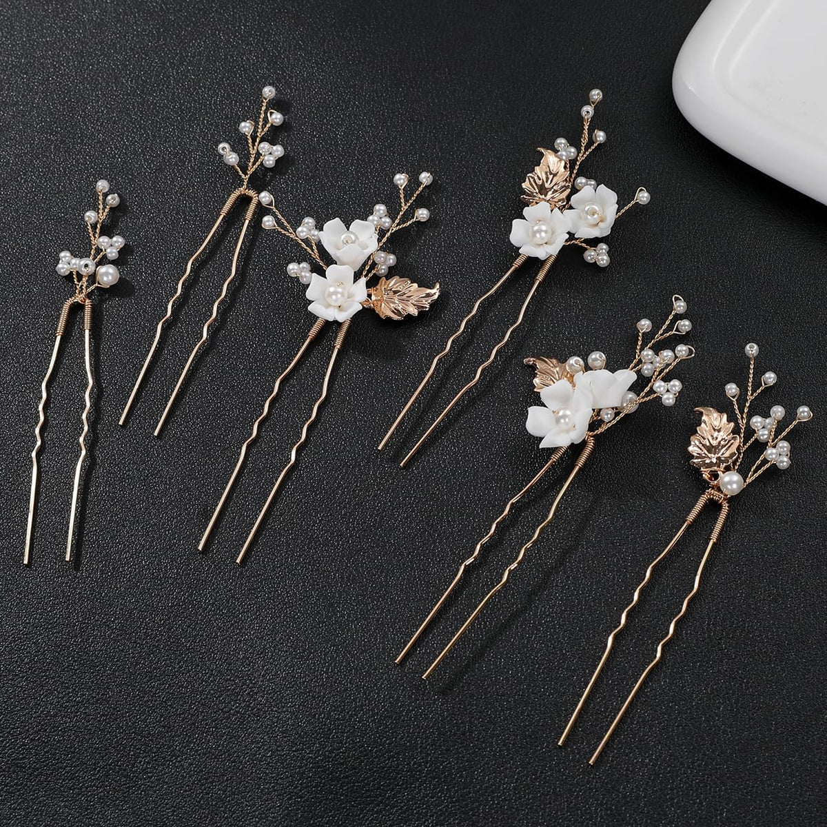 Handmade Pearl Bridal Wedding Hair Pins 6Pcs White Ceramic Flowers Gold Leaf Pearls Clips Wedding Hair Accessories for Women Brides Bridesmaid